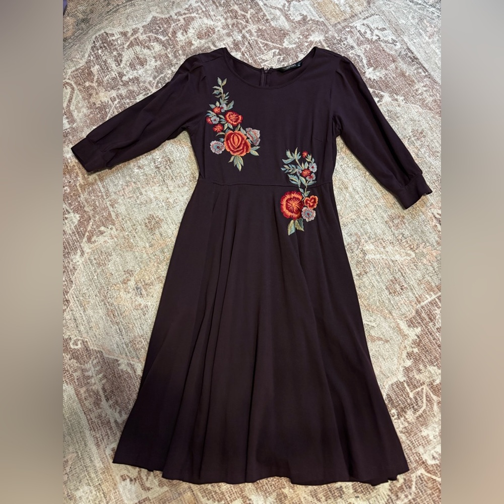 eShakti Deep Plum Dress with Floral Embroidery